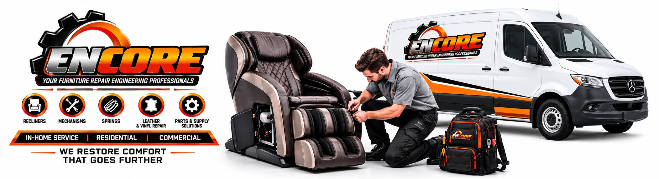 Encore Furniture Repair Engineering Professionals with a service technician, massage chair and branded service van