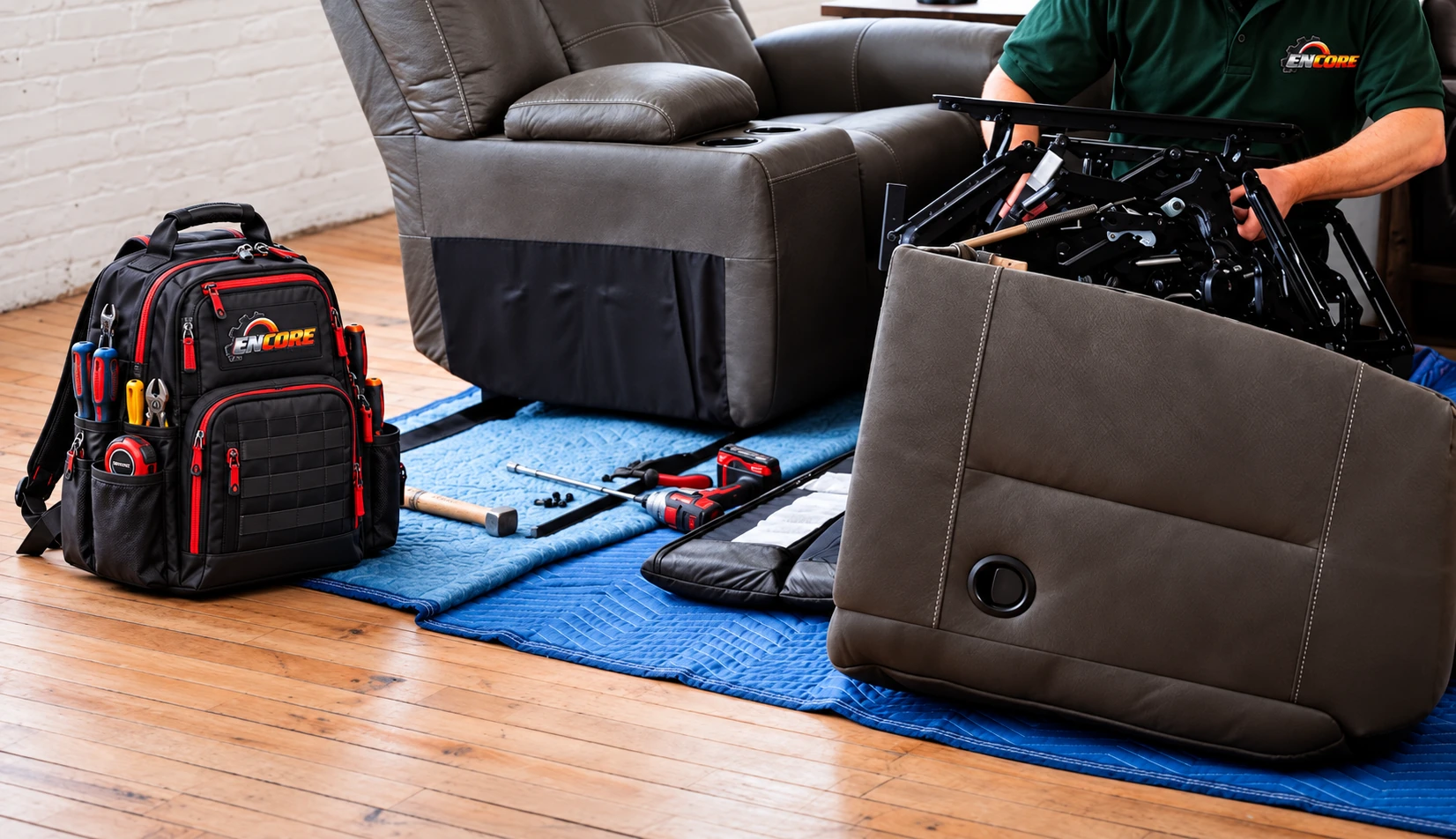 Illustration of an Encore technician servicing a reclining sofa