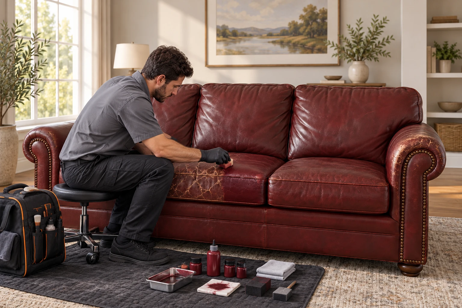 Leather surface repair — during repair