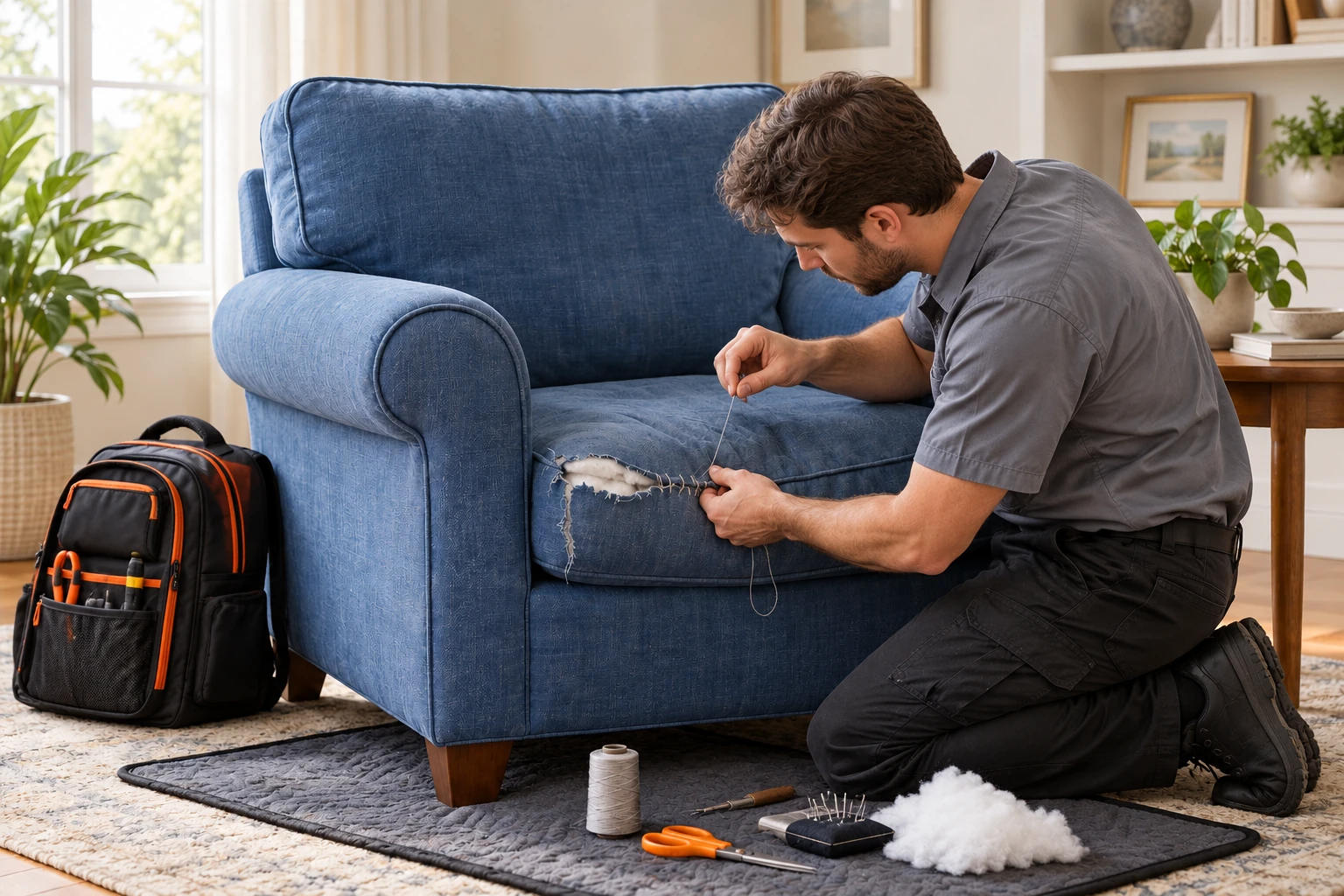 Upholstery repair — during repair